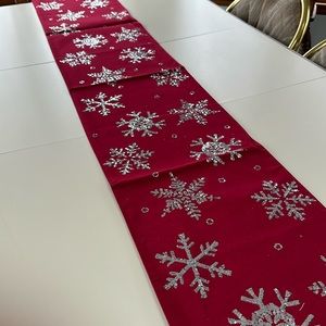 Christmas table runner , 72x14, red with silver snowflakes